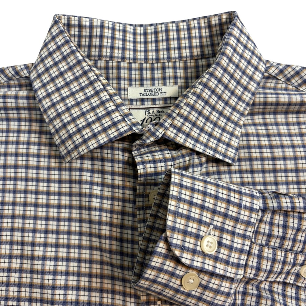 Jos A Bank 1905 Mens Stretch Tailored Fit Plaid Button Down Shirt Large Blue